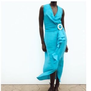 ZARA Blue Turquoise Sleeveless Belted Ruffled HI Low Maxi Dress Size L N…